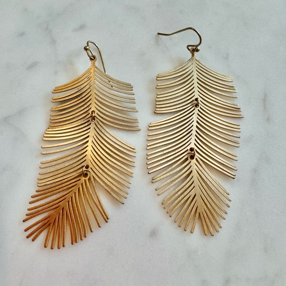 Elegant Metal Gold Feather Dangle Earrings